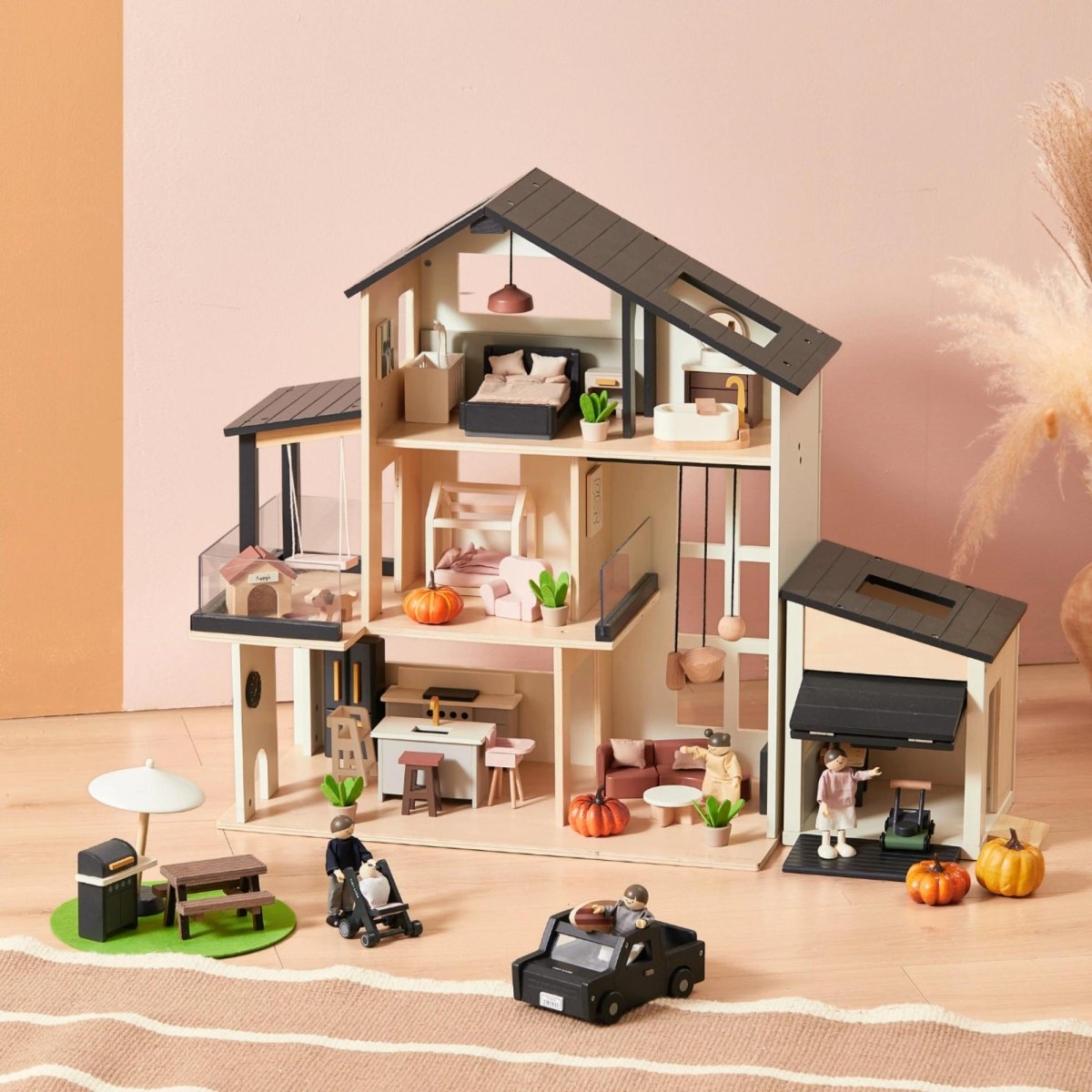 Tiny Land Tiny Land® Sweetwood Edge Black Dollhouse, Garage & Extra Dolls Gift Set