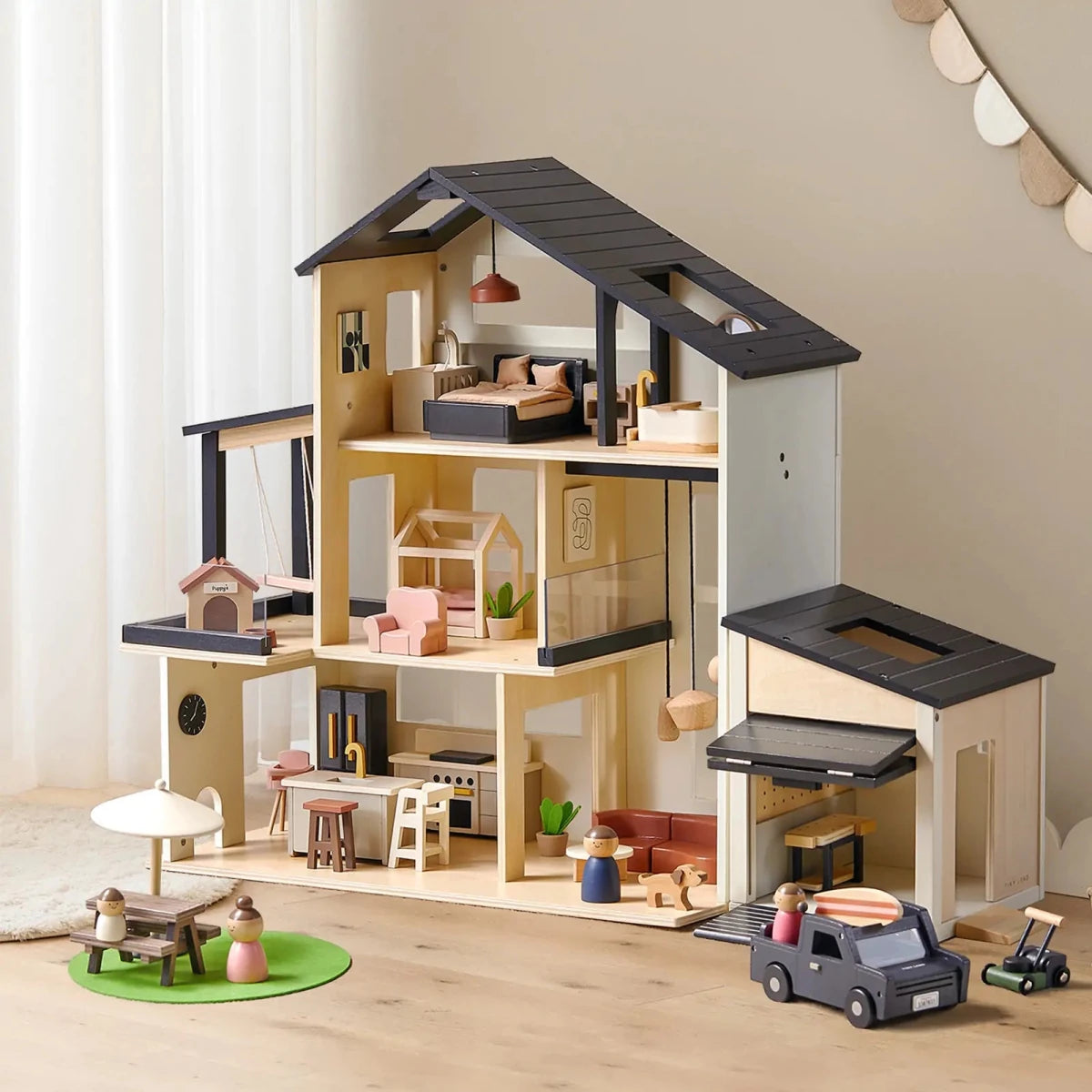 Tiny Land Tiny Land® Sweetwood Edge Black Wooden Dollhouse & Garage Set