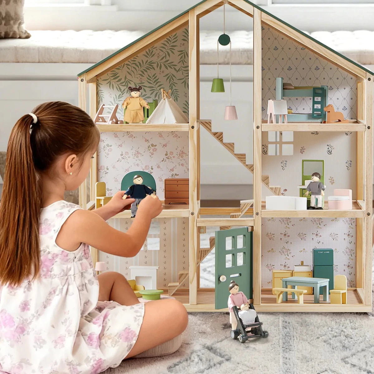Tiny Land Tiny Land® Sweetwood Evergreen Wooden Dollhouse with Family Dolls