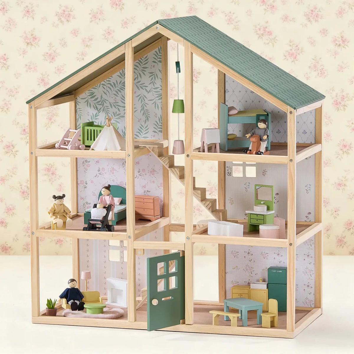 Tiny Land Tiny Land® Sweetwood Evergreen Wooden Dollhouse with Family Dolls