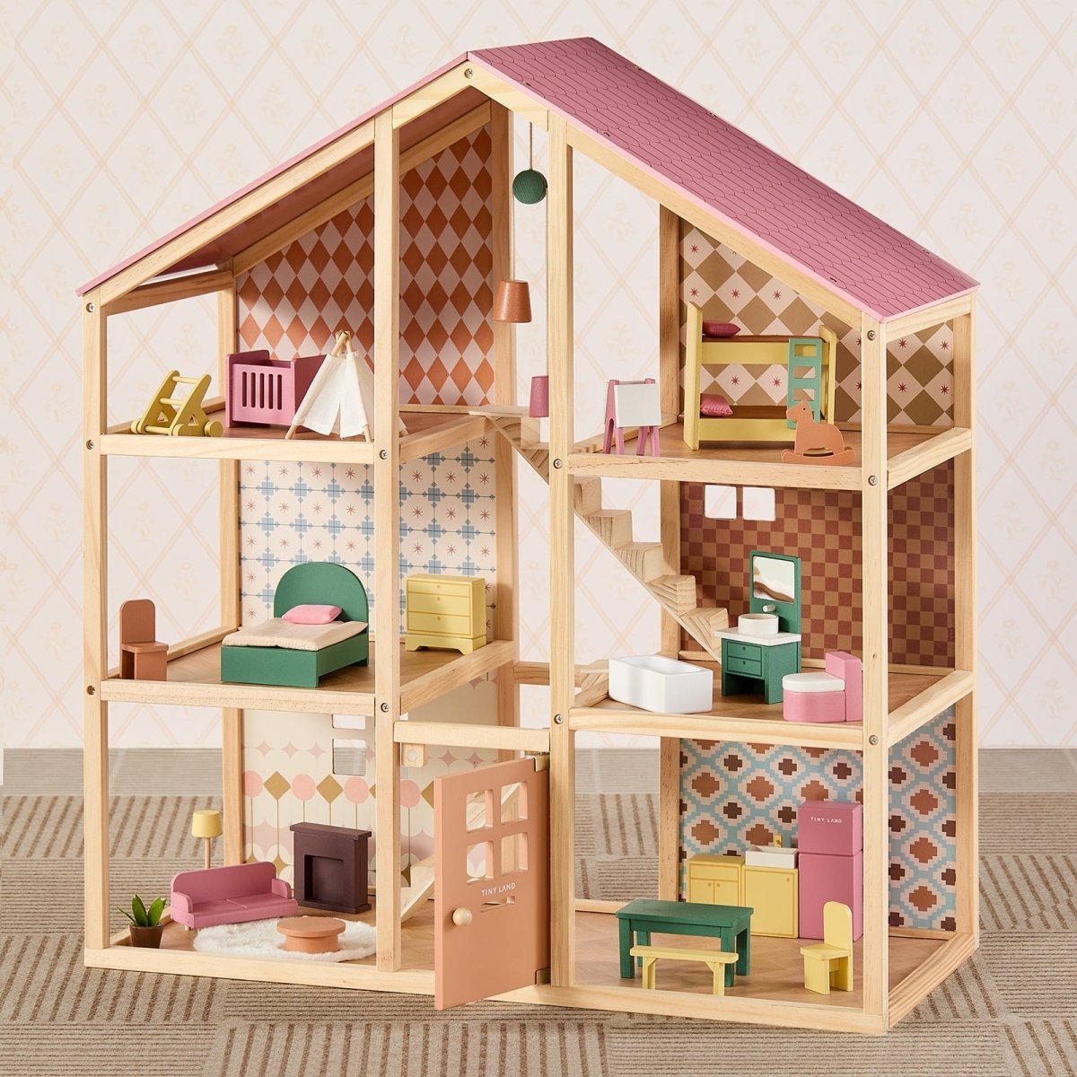 Tiny Land Tiny Land® Sweetwood Wooden Dollhouse with 30 Furniture Pieces (No Dolls)