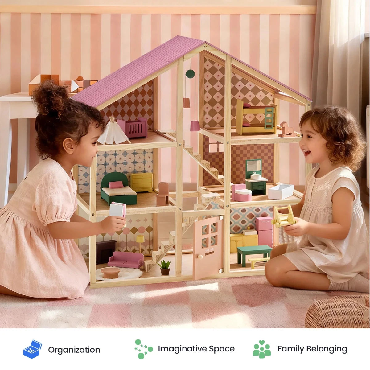Tiny Land Tiny Land® Sweetwood Wooden Dollhouse with 30 Furniture Pieces (No Dolls)