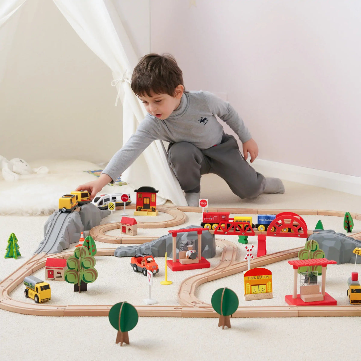 Tiny Land Tiny Land® Wooden Train Set, 55 Pcs - lily & onyx