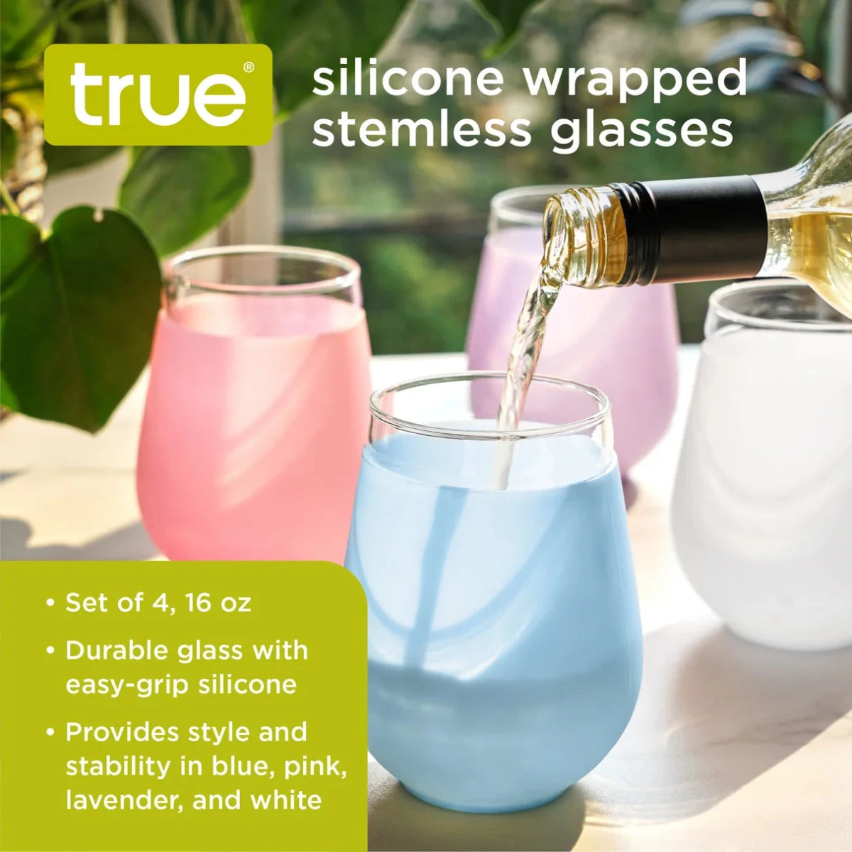 True Silicone-Wrapped 16 oz Wine Glasses, Assorted Colors, Set of 4
