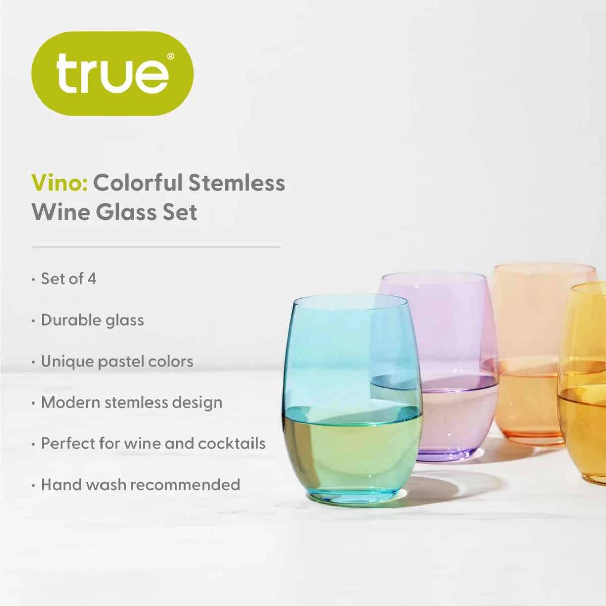 True Vino 17 oz Stemless Wine Glasses, Assorted Colors, Set of 4