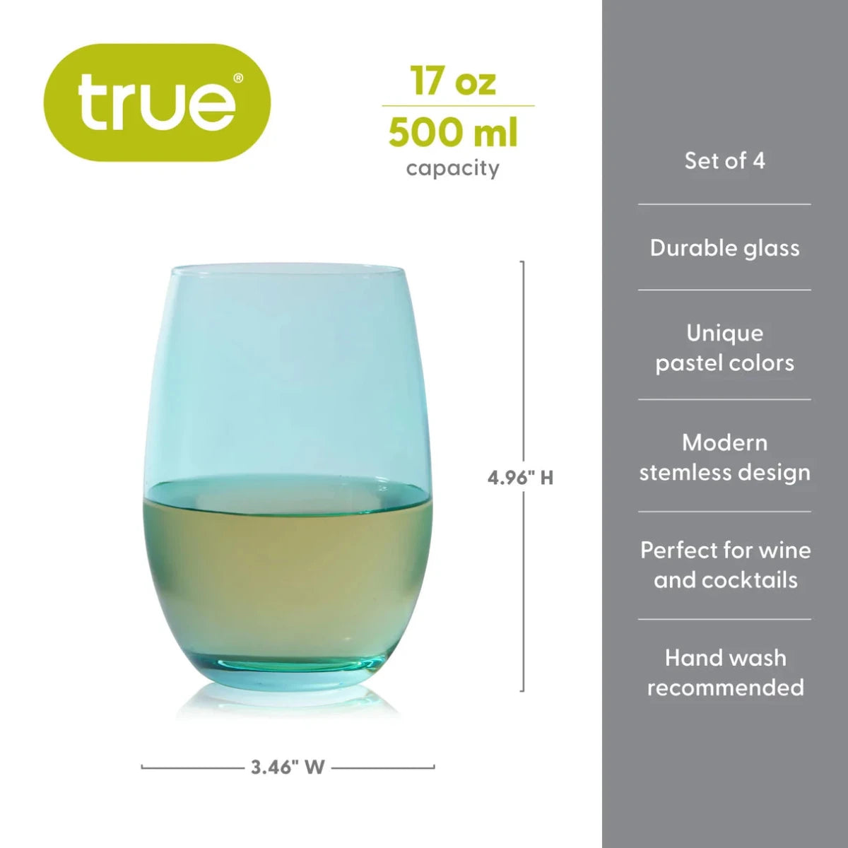 True Vino 17 oz Stemless Wine Glasses, Assorted Colors, Set of 4