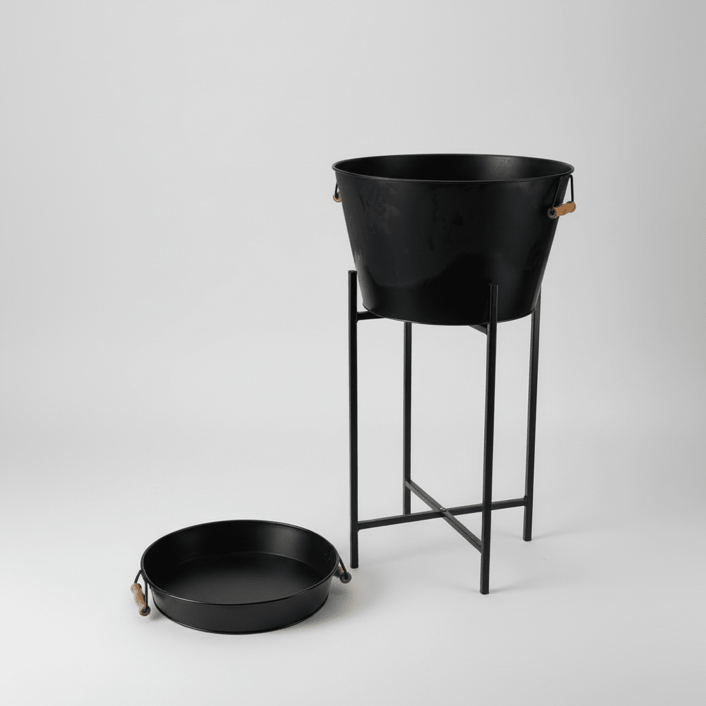 Twine Living Black Galvanized Metal Beverage Tub with Removable Stand & Tray, 5.8 Gallon