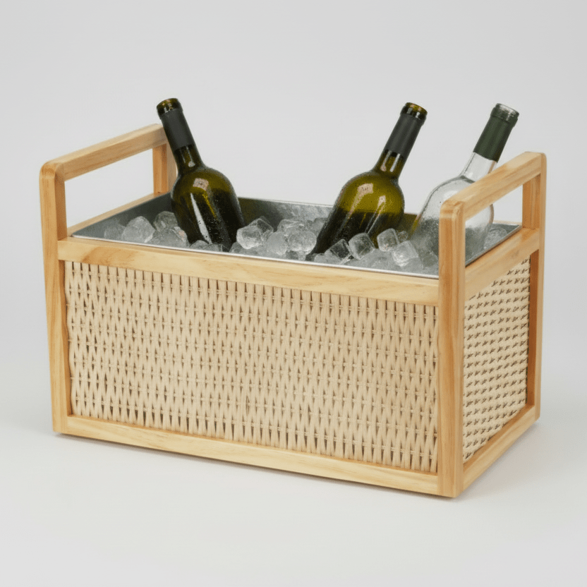 Twine Living Rattan & Wood Beverage Tub with Galvanized Metal Insert, 6.5 Gallon