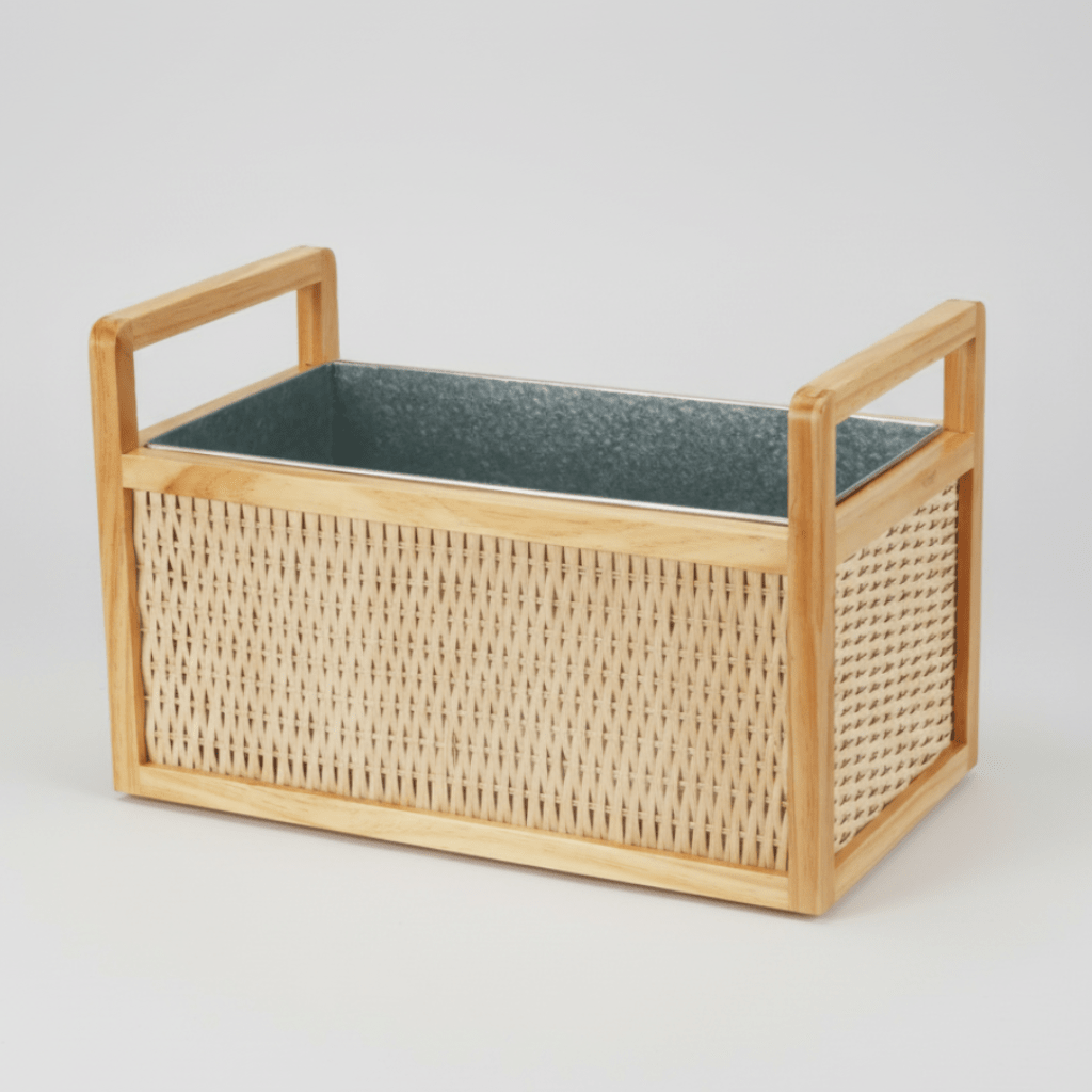 Twine Living Rattan & Wood Beverage Tub with Galvanized Metal Insert, 6.5 Gallon