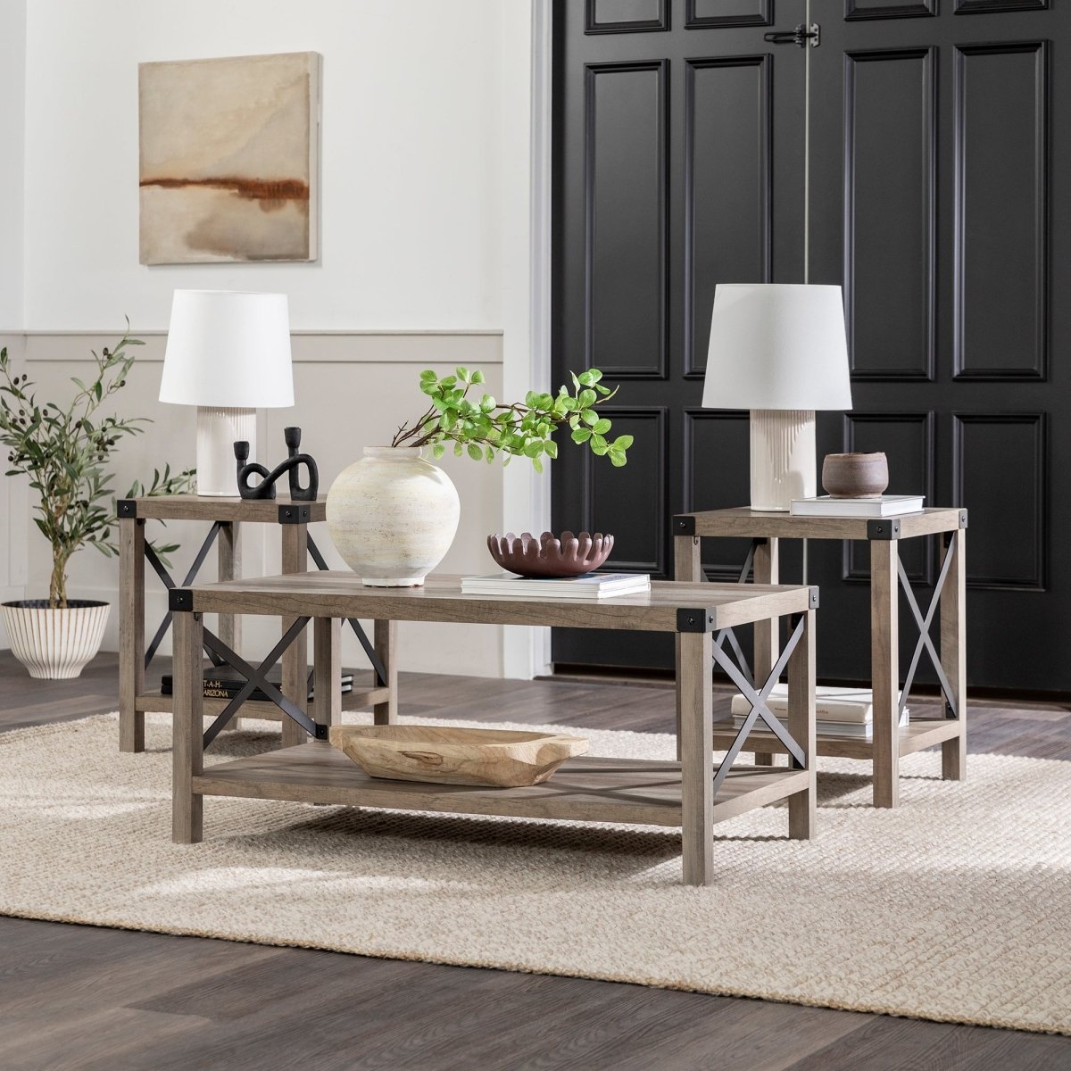 Walker Edison 3 - Piece Barndoor Coffee Table Set - Wood Metal Industrial Farmhouse
