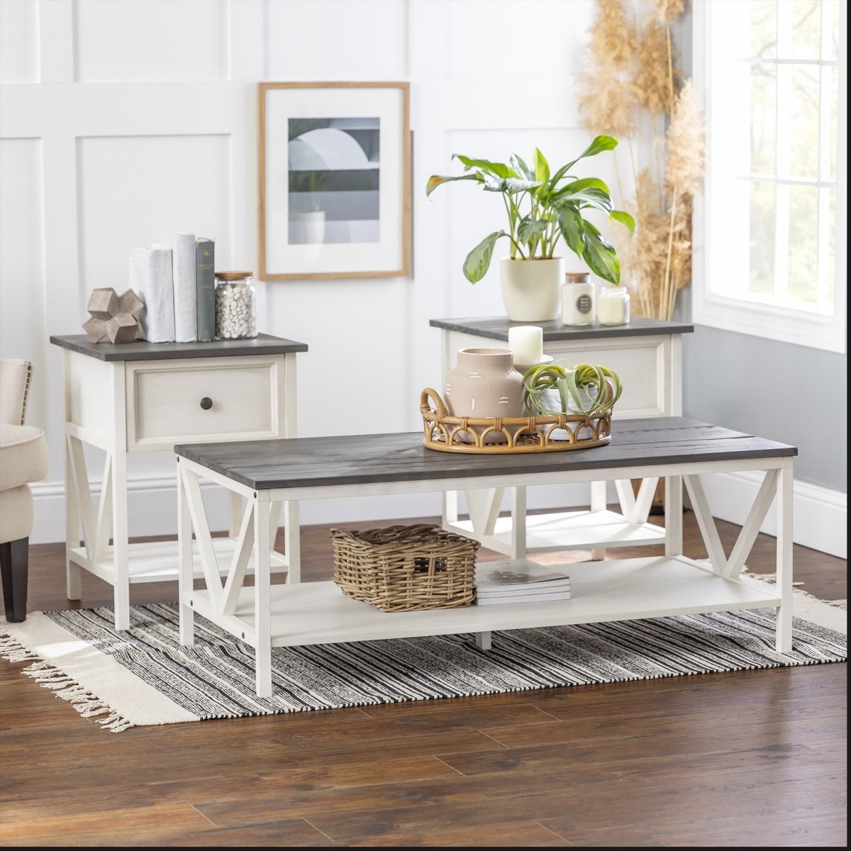 Walker Edison 3 - Piece Solid Pine Farmhouse Table Set - Distressed V - Leg Design