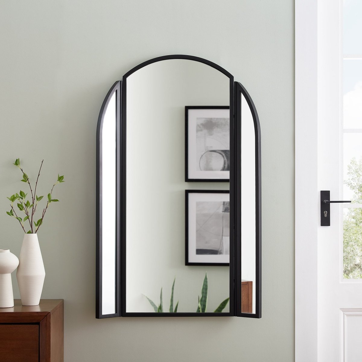 Walker Edison 48" Arched Wall Mirror Black Metal Frame - Adjustable Hinging Sides