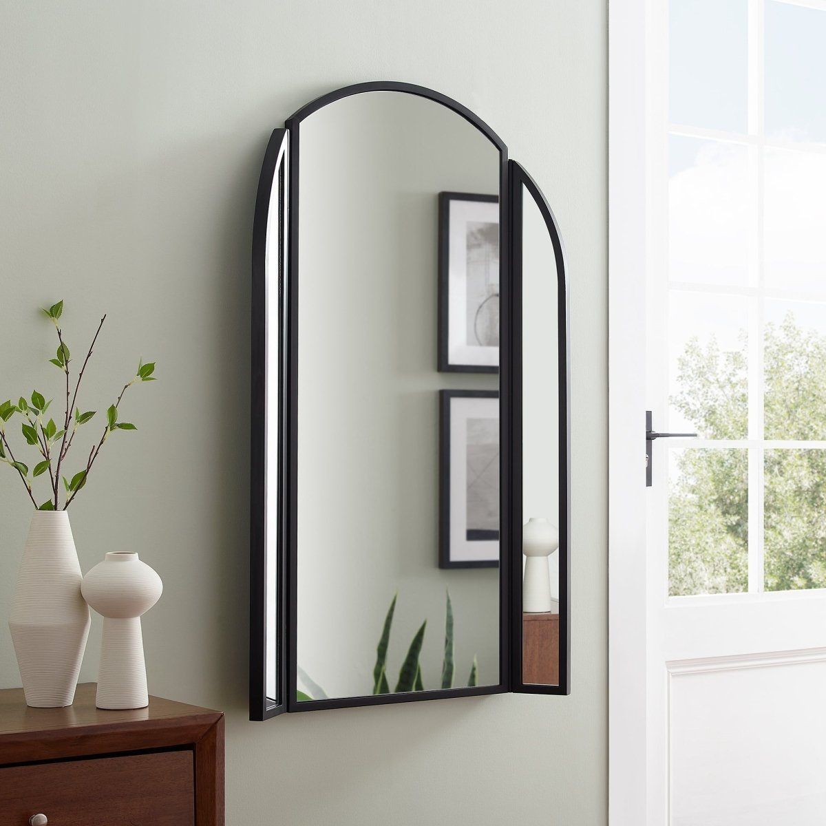 Walker Edison 48" Arched Wall Mirror Black Metal Frame - Adjustable Hinging Sides