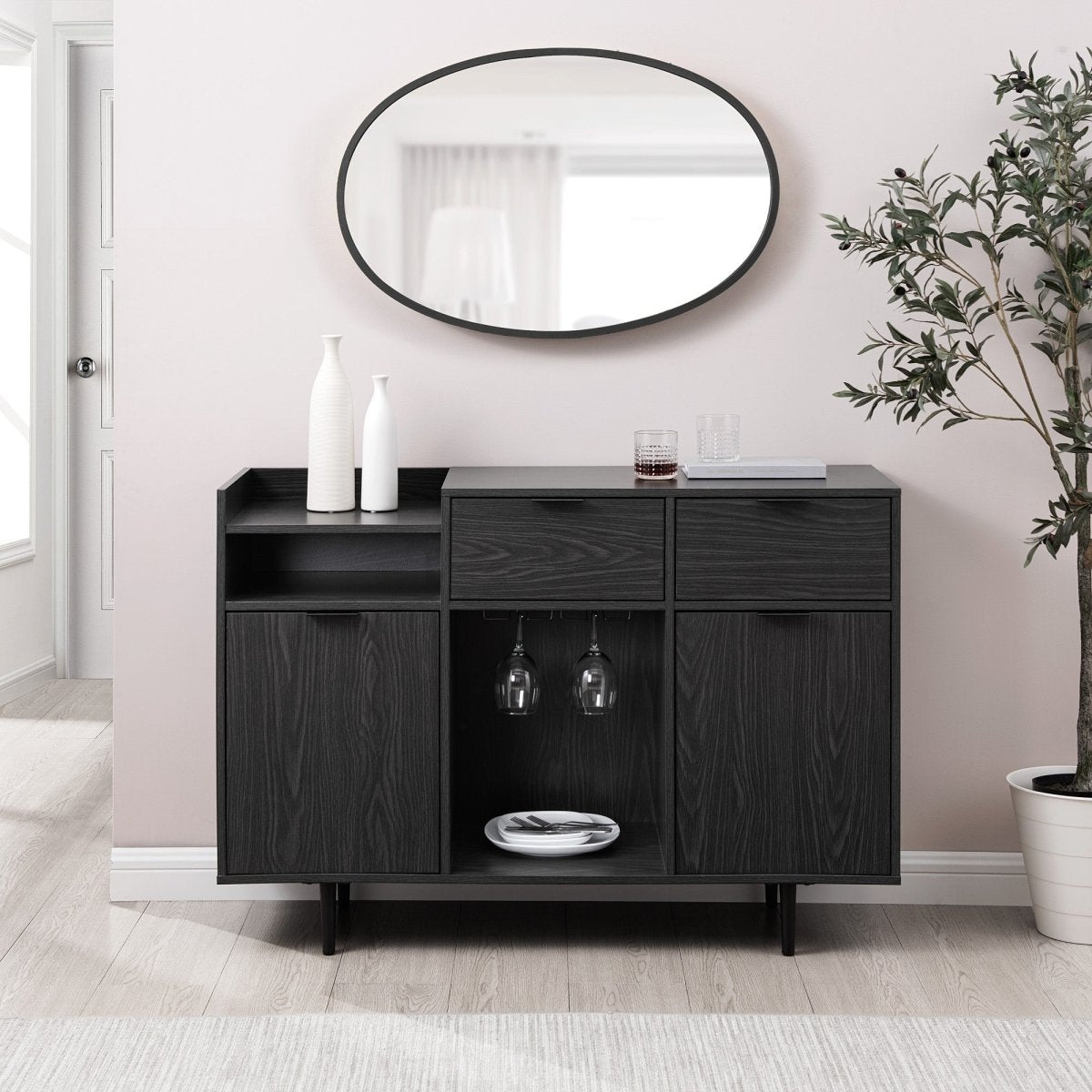 Walker Edison 48" Bar Cabinet - Wine Storage, Stemware Rack, Soft - Close MDF