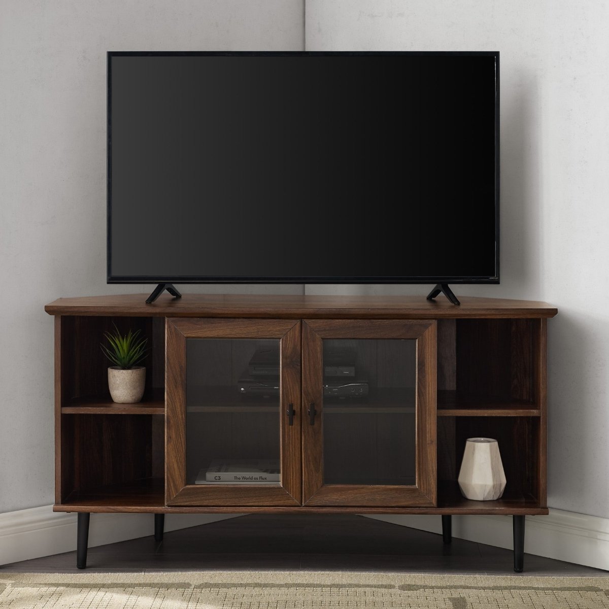 Walker Edison 48" Corner TV Stand - Tempered Glass Door Media Console