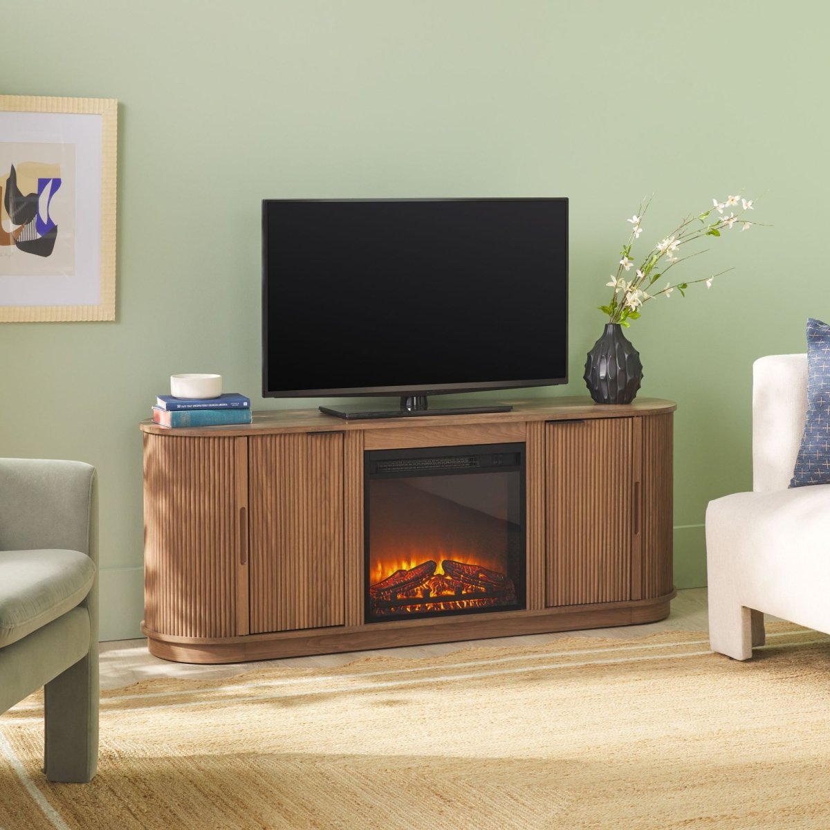 Walker Edison 60" Reeded MDF Fireplace TV Stand - Electric Insert, Modern