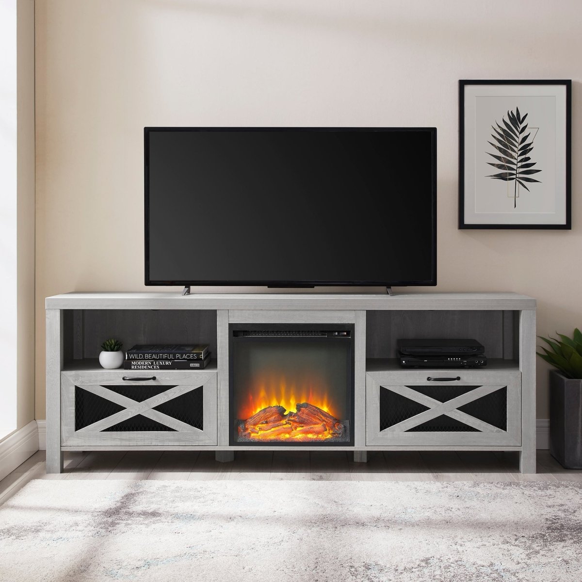 Walker Edison Abilene 70" Rustic Farmhouse Fireplace TV Stand