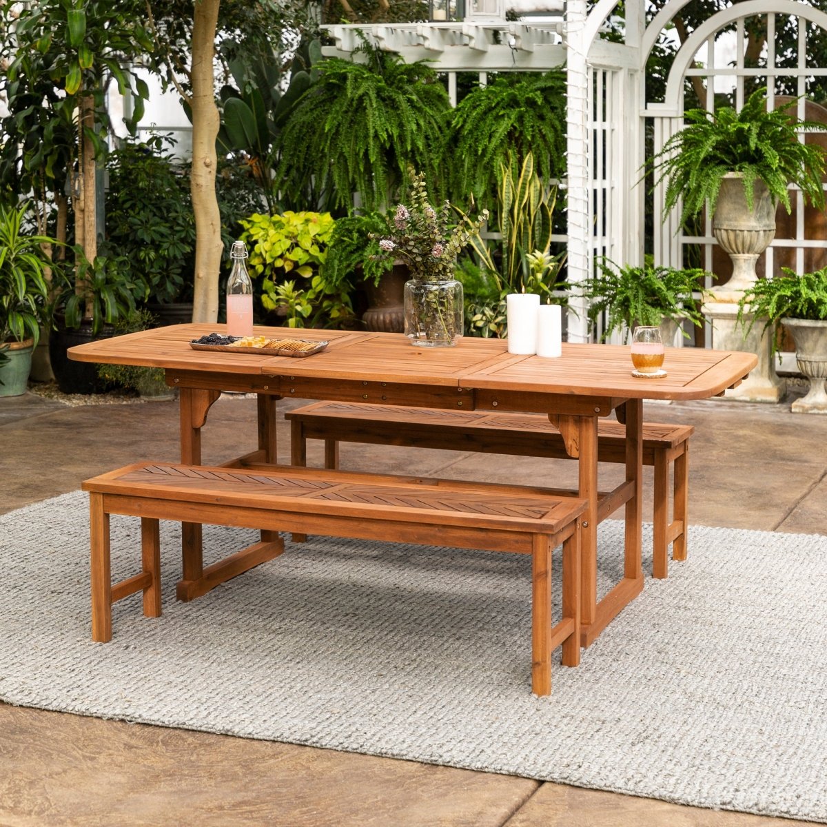Walker Edison Acacia Wood Extendable Patio Dining Set - 3 - Piece Picnic Bench
