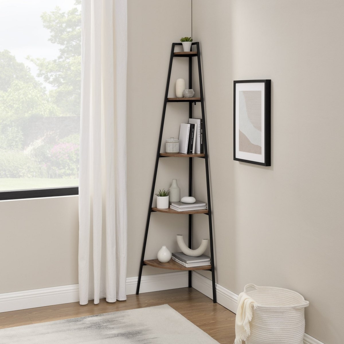 Walker Edison Arlo 72" Metal and Wood Corner Bookshelf