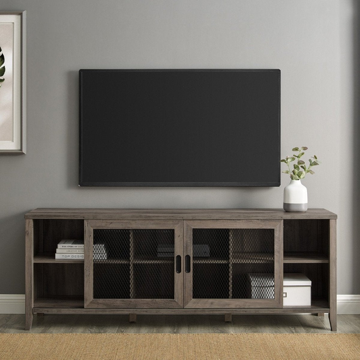 Walker Edison Arthur Industrial TV Stand with Sliding Mesh Door