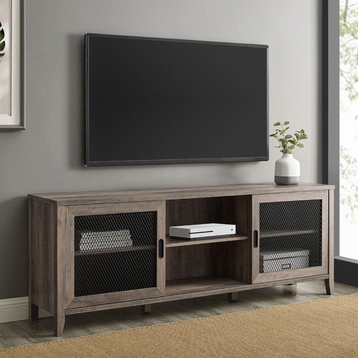 Walker Edison Arthur Industrial TV Stand with Sliding Mesh Door