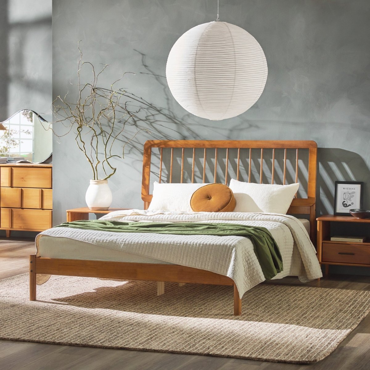 Walker Edison Cama Mid - Century Modern Solid Wood Spindle Bedframe