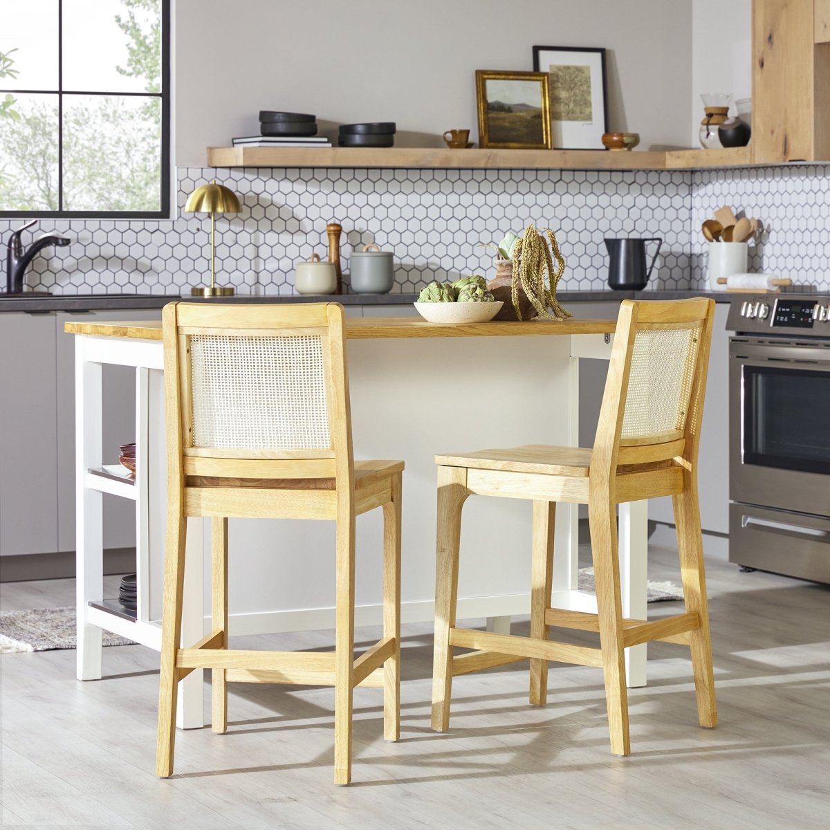 Walker Edison Catalina Solid Wood Bar Stool with Rattan Back Insert, Set of 2