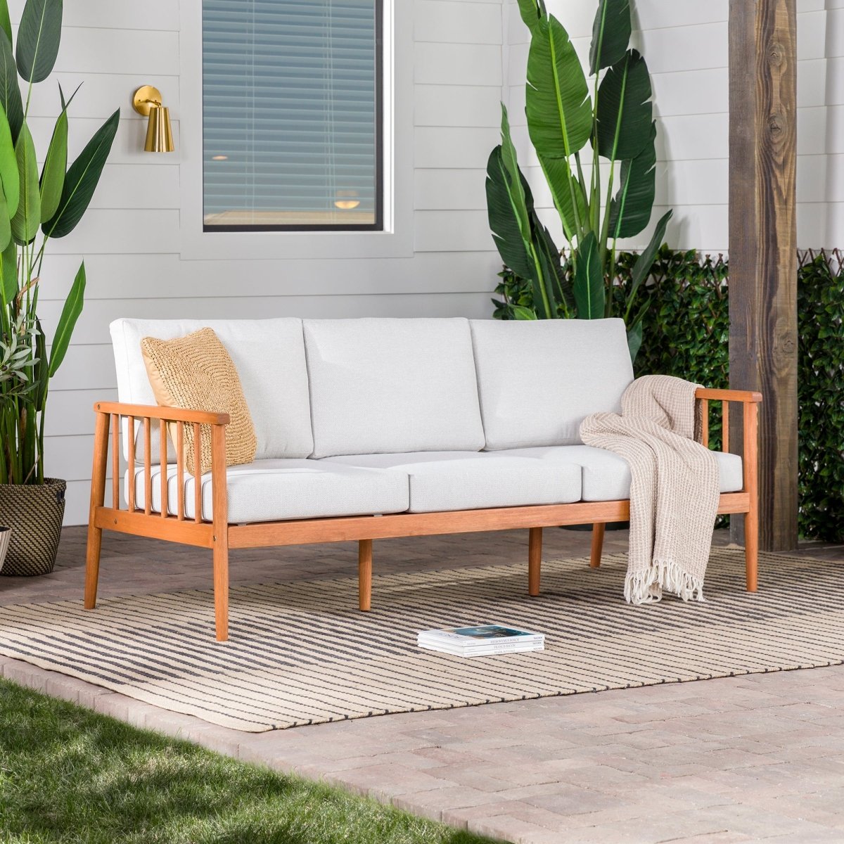 Walker Edison Circa Modern Solid Wood Spindle Patio Sofa
