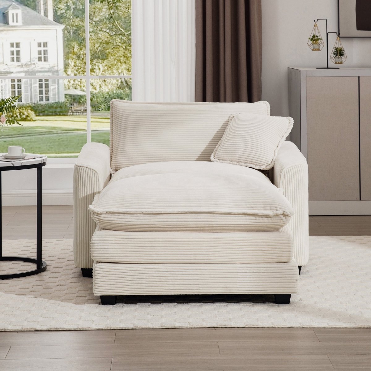 Walker Edison Corduroy Deep Seat Cloud Accent Chair with Ottoman - Beige