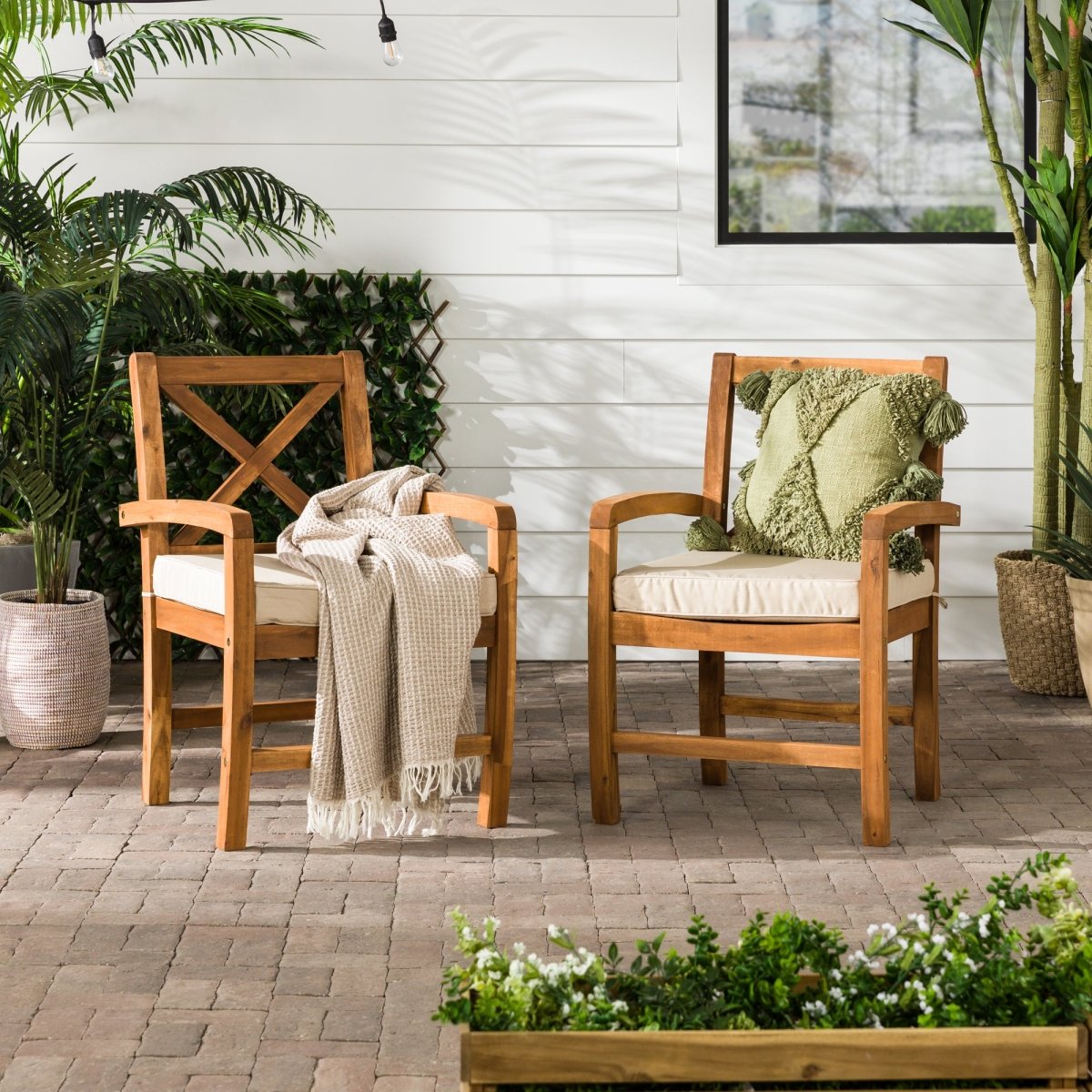 Walker Edison Crosswinds Patio Chairs with Cushions, Set of 2