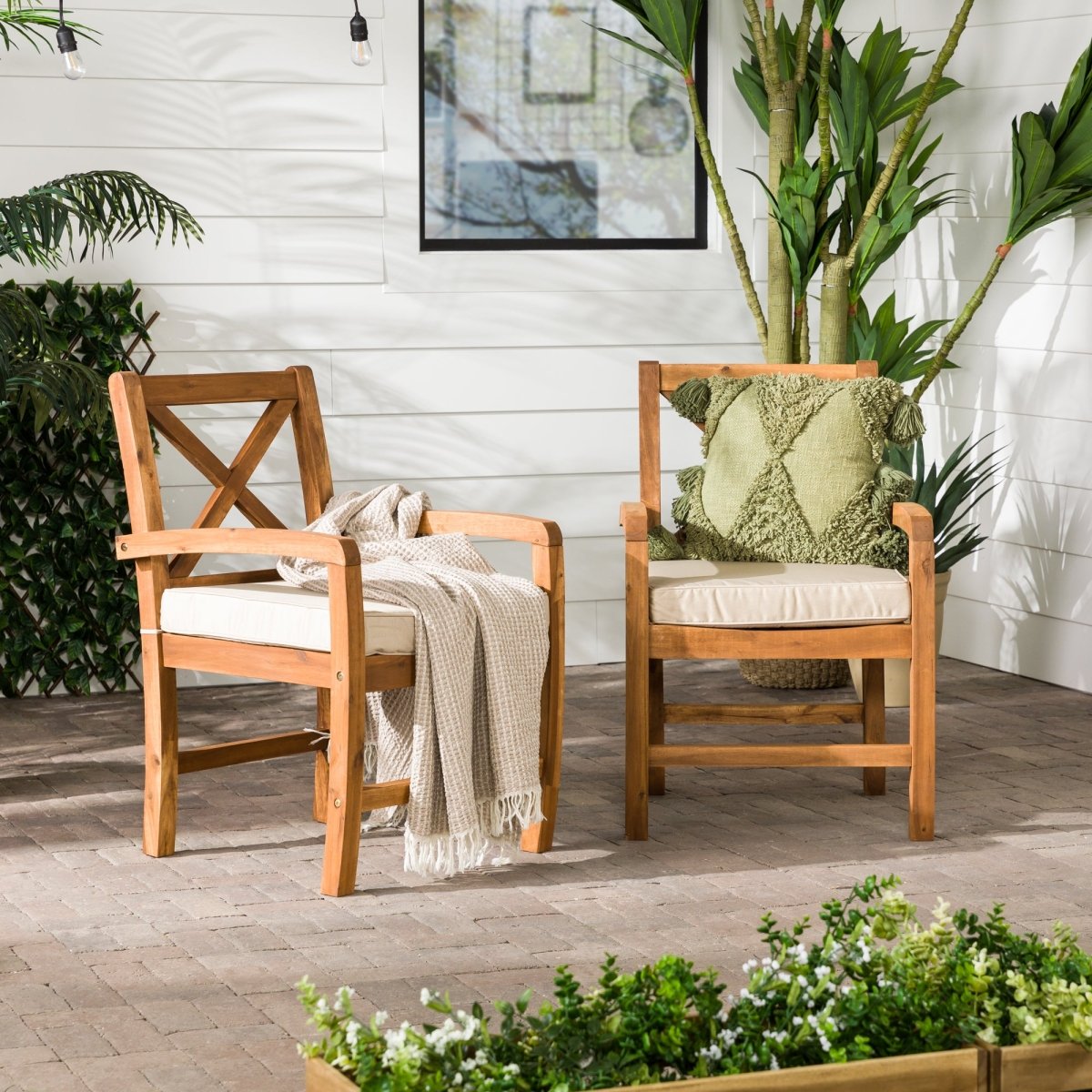 Walker Edison Crosswinds Patio Chairs with Cushions, Set of 2