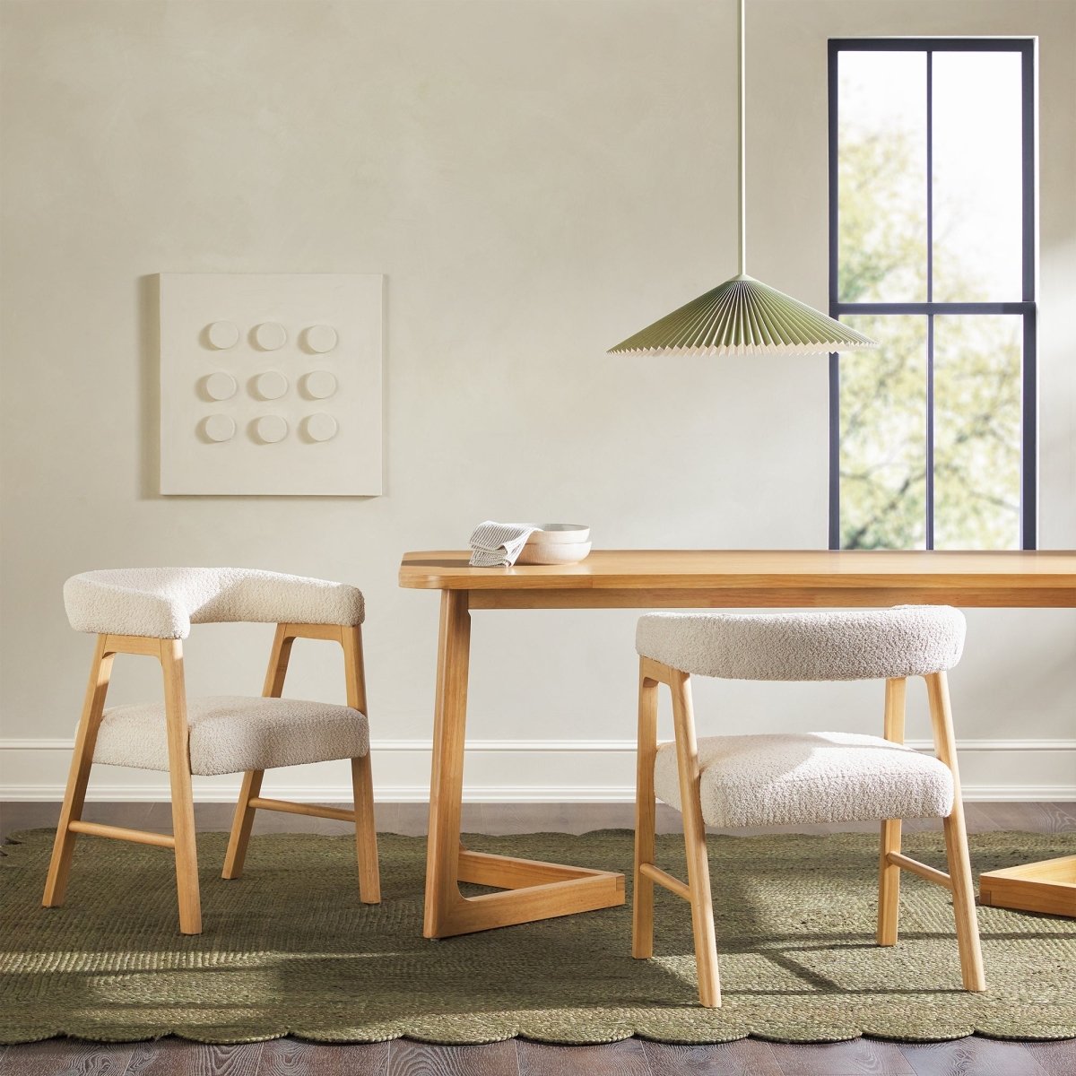 Walker Edison Ezra Boucle Dining Chairs Set of 2 - Curved Back Rubberwood Arms