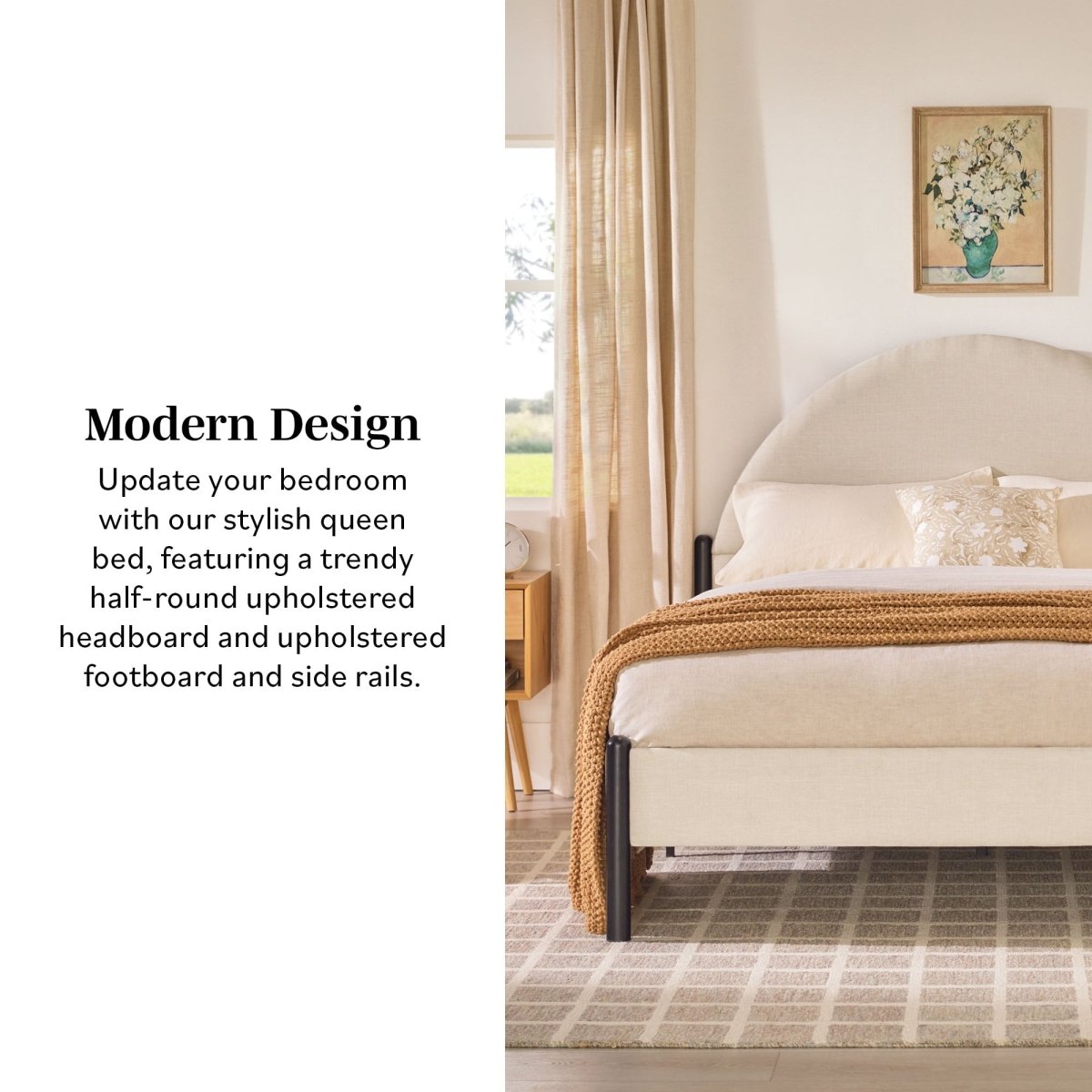 Walker Edison Gastonia Queen Metal and Upholstered Bed with Arched Headboard