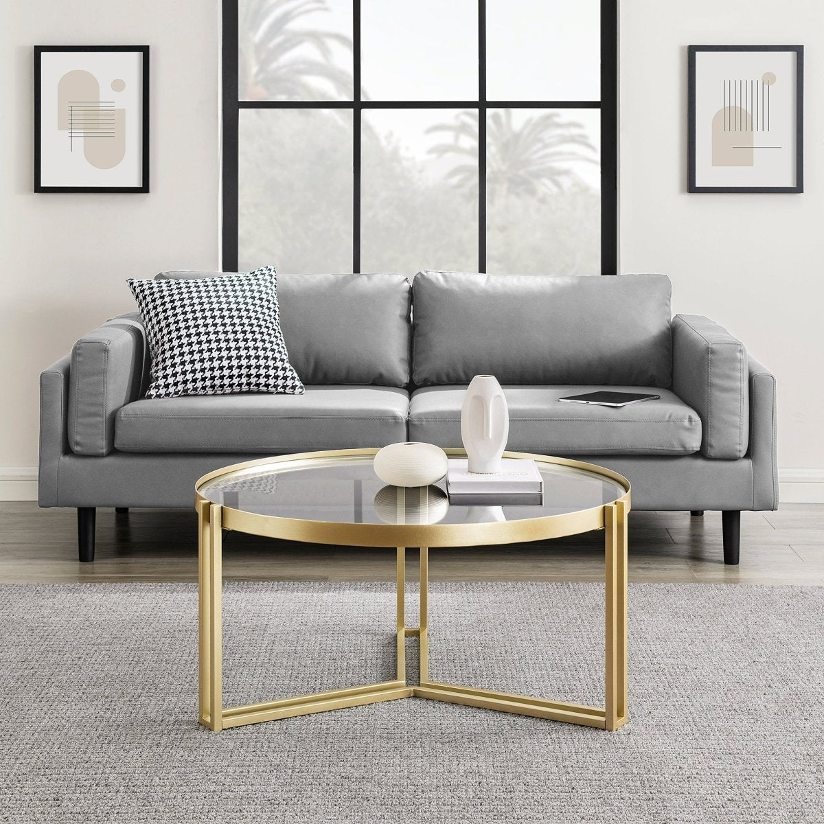 Walker Edison Glam Round Glass and Metal Tri - Leg Coffee Table
