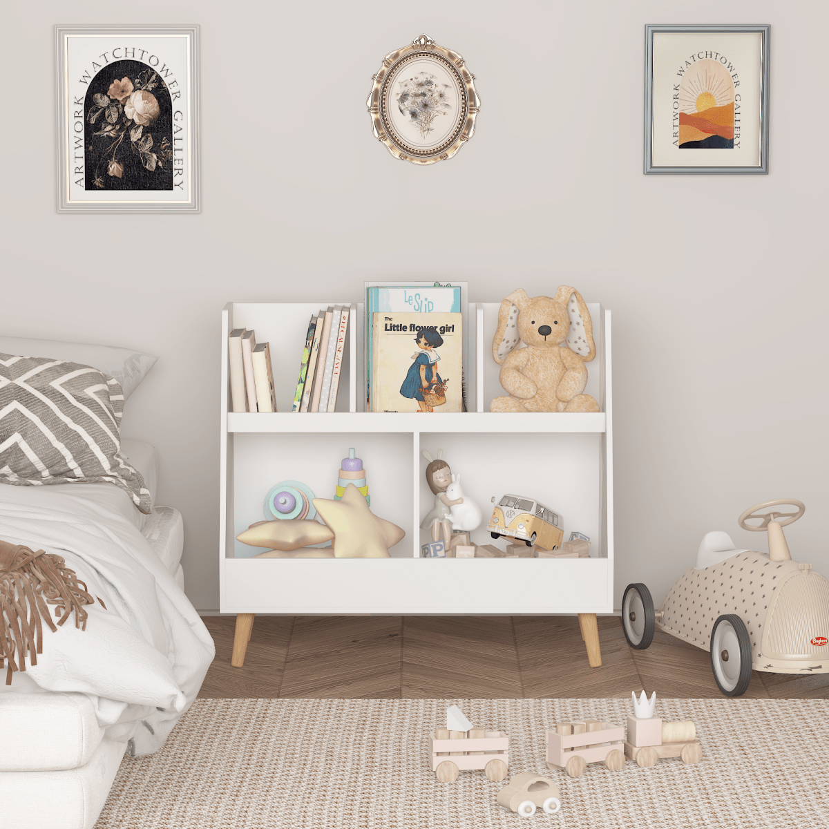 Walker Edison Kids Bookcase & Toy Organizer | 5-Cubby Storage Shelf, White with Wood Legs