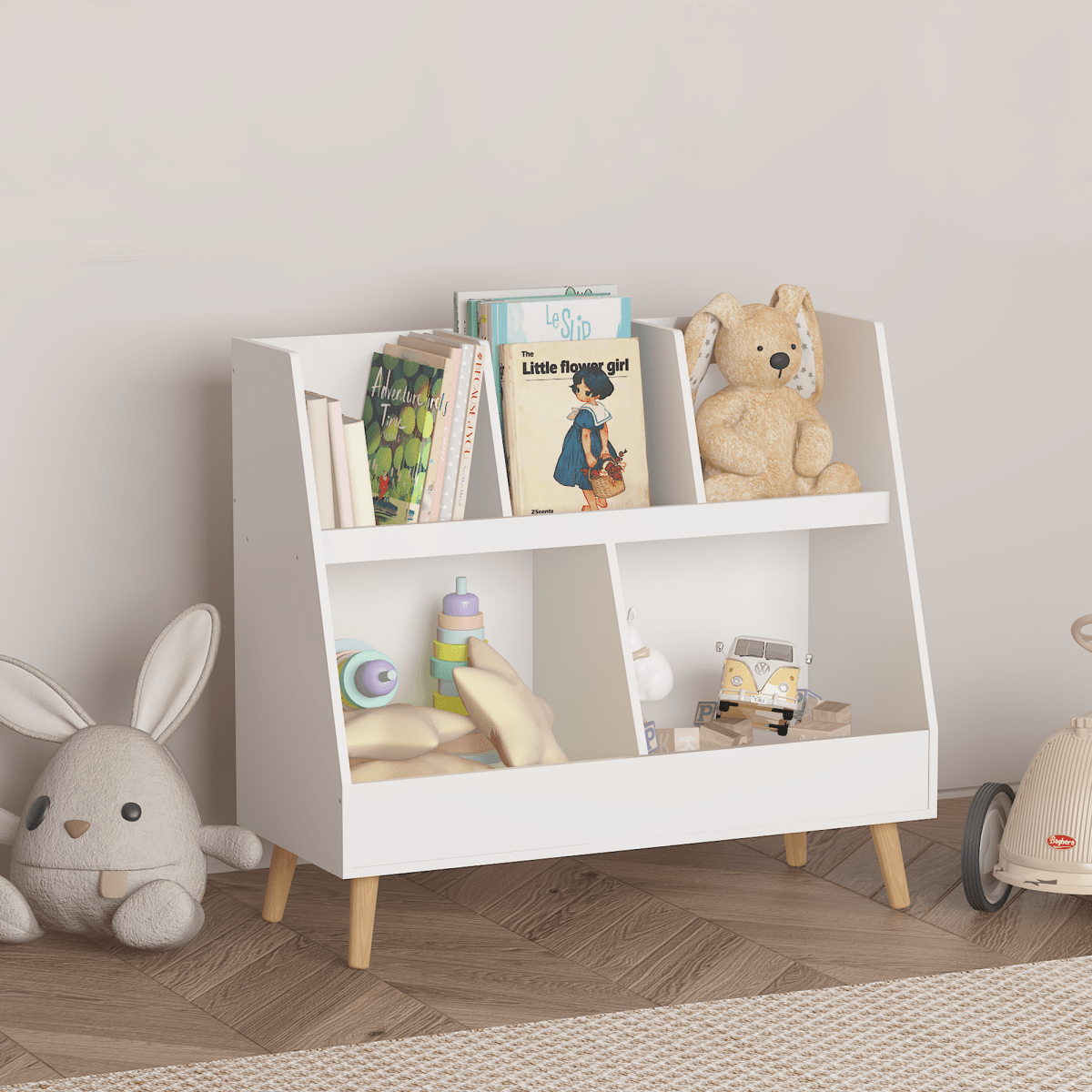 Walker Edison Kids Bookcase & Toy Organizer | 5-Cubby Storage Shelf, White with Wood Legs