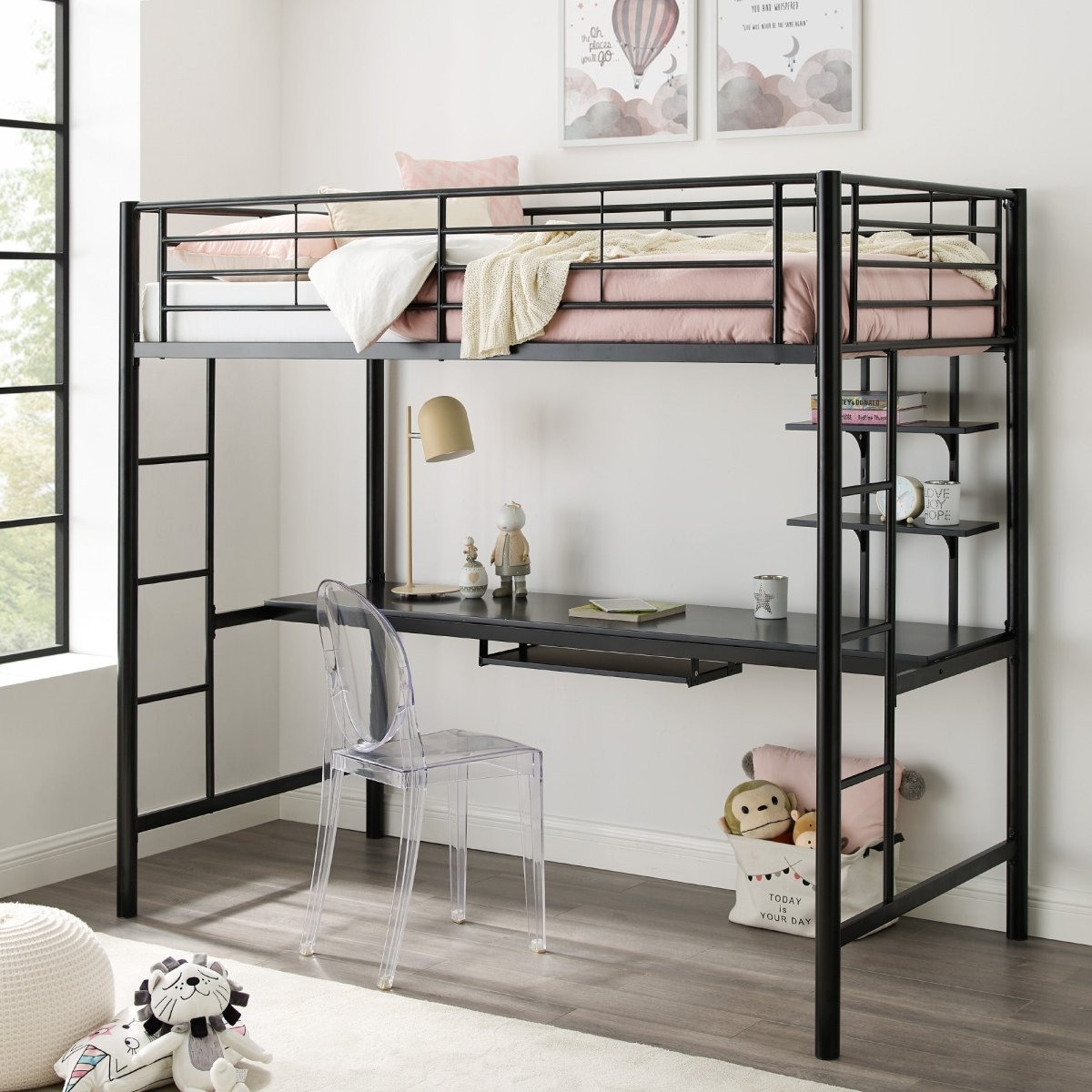 Walker Edison Loft Bed Workstation Desk - Detachable with Keyboard Tray & Shelves