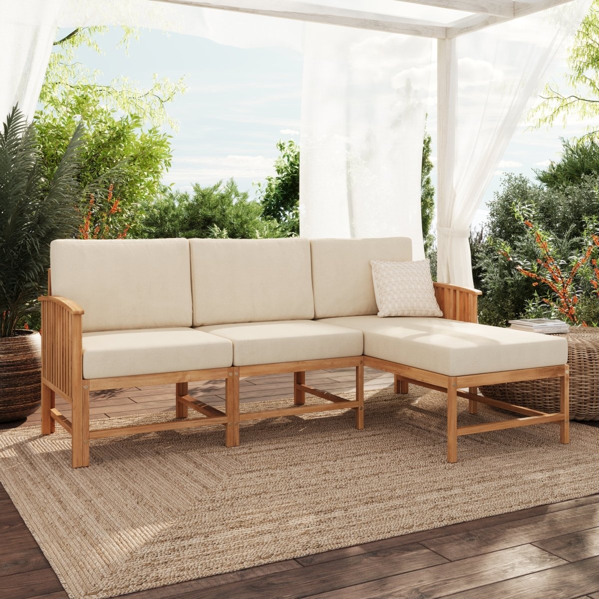 Walker Edison Midland Modern Solid Wood 3 - Piece Outdoor Sectional Set