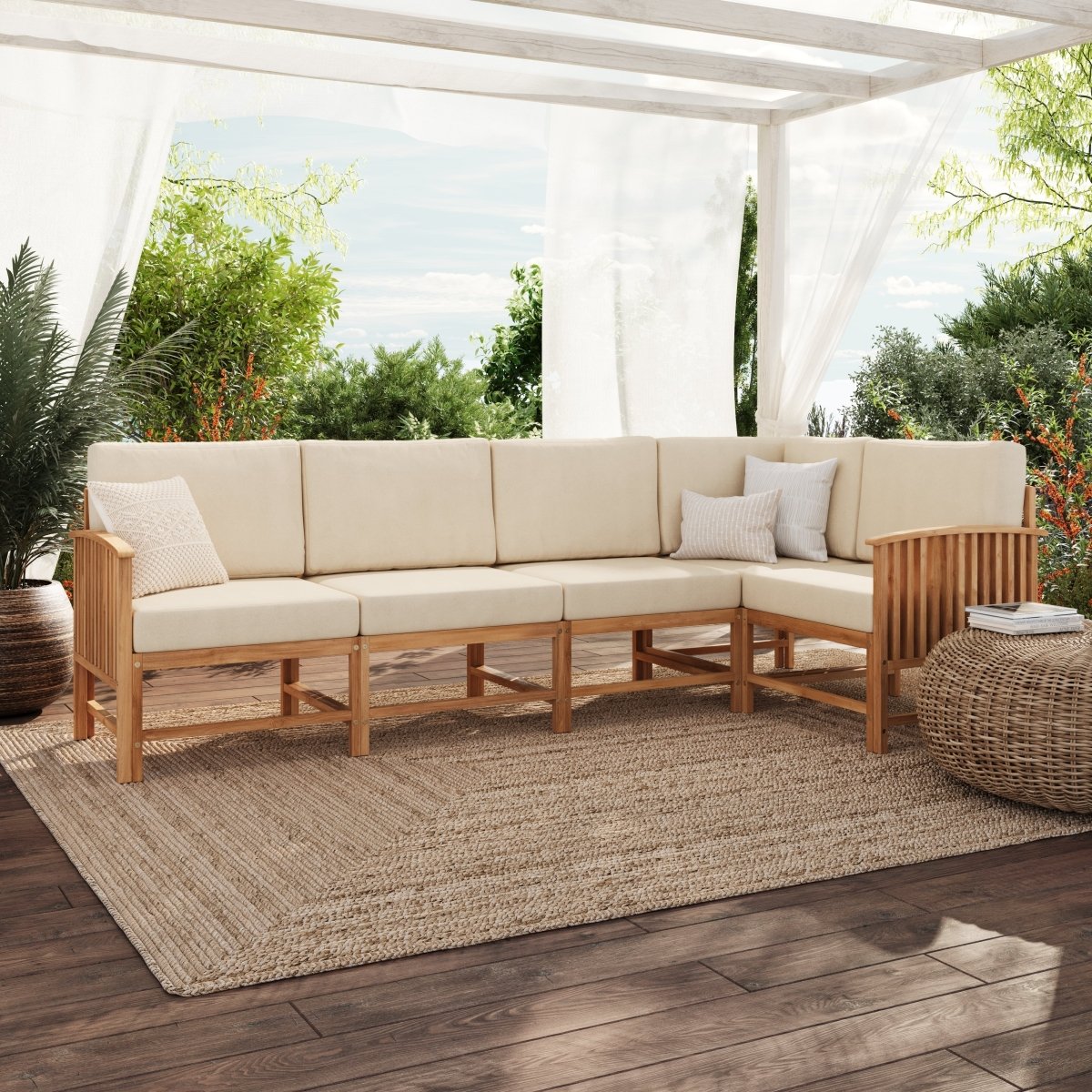Walker Edison Midland Modern Solid Wood 5 - Piece Outdoor Sectional Set