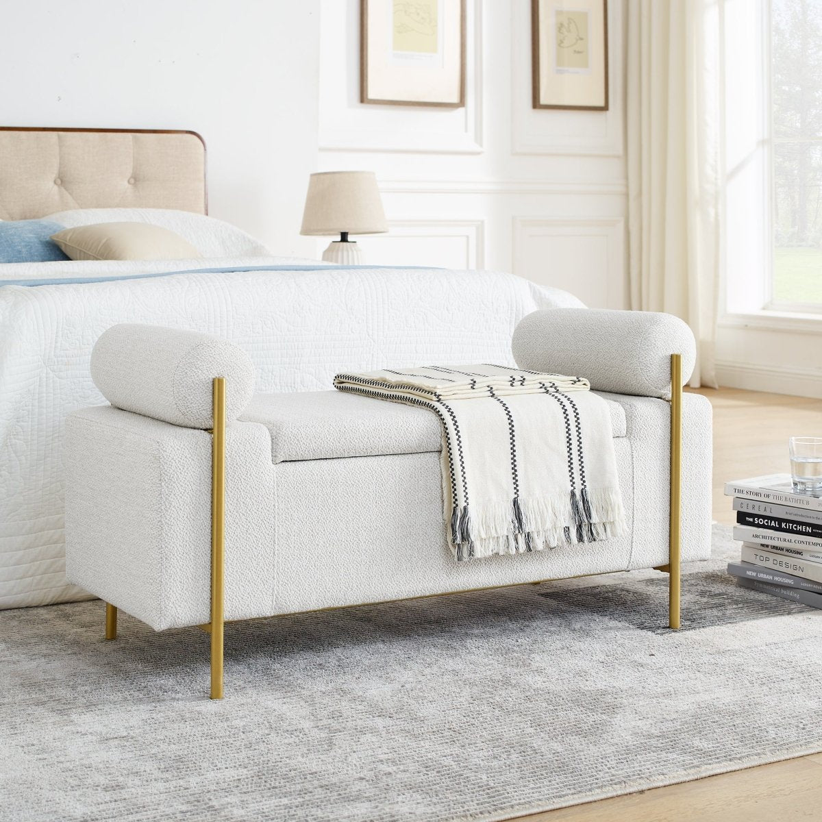 Walker Edison Minimalist Upholstered Linen Storage Bench