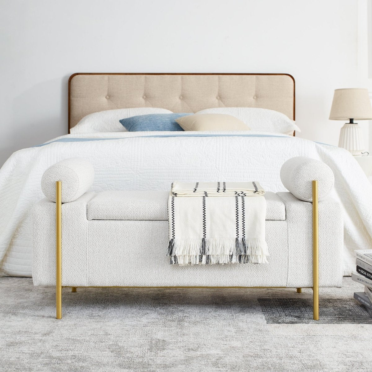 Walker Edison Minimalist Upholstered Linen Storage Bench