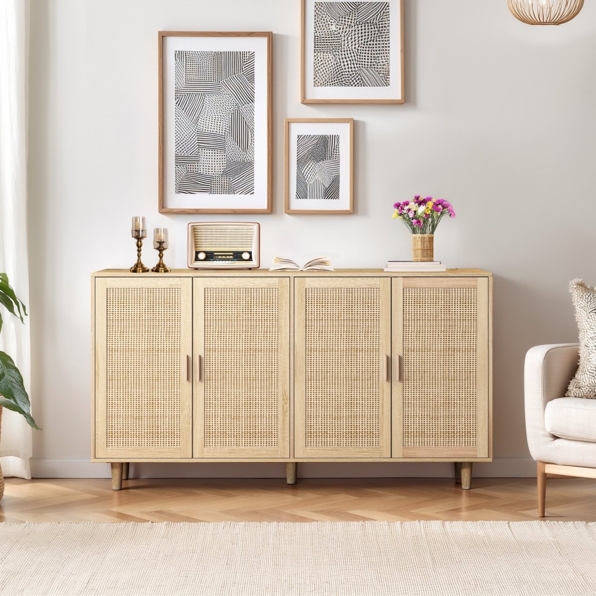 Walker Edison Modern 4 - Door Rattan Storage Sideboard TV Stand