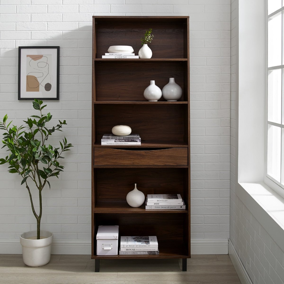 Walker Edison Modern 5 - Shelf Bookshelf with Drawer