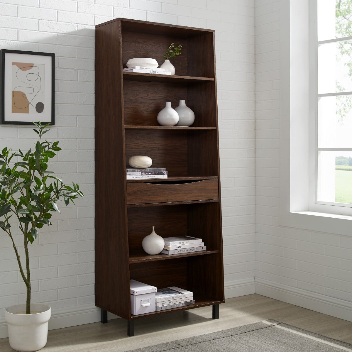 Walker Edison Modern 5 - Shelf Bookshelf with Drawer
