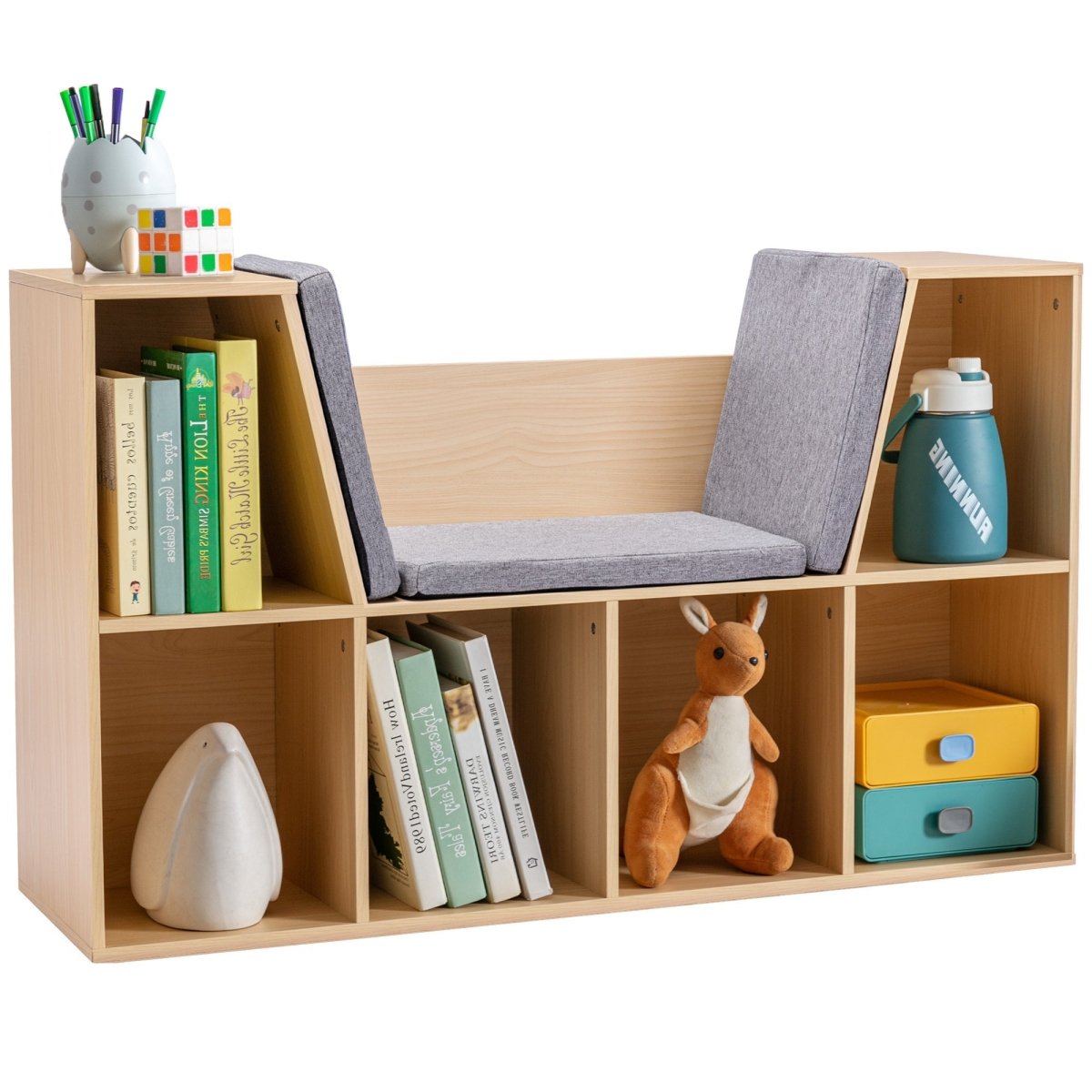 Walker Edison Modern 6 - Cubby Reading Nook Storage Bench with Natural Wood Finish