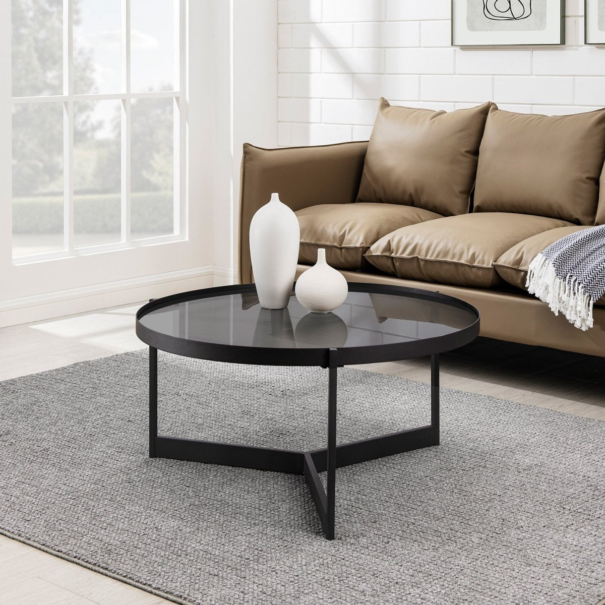 Walker Edison Modern Glass and Metal Round Coffee Table