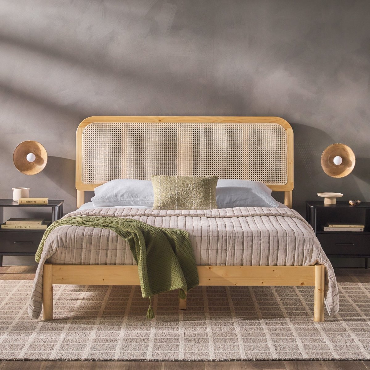 Walker Edison Neru Boho Curved Rattan - Headboard Bed Collection (Queen or King)