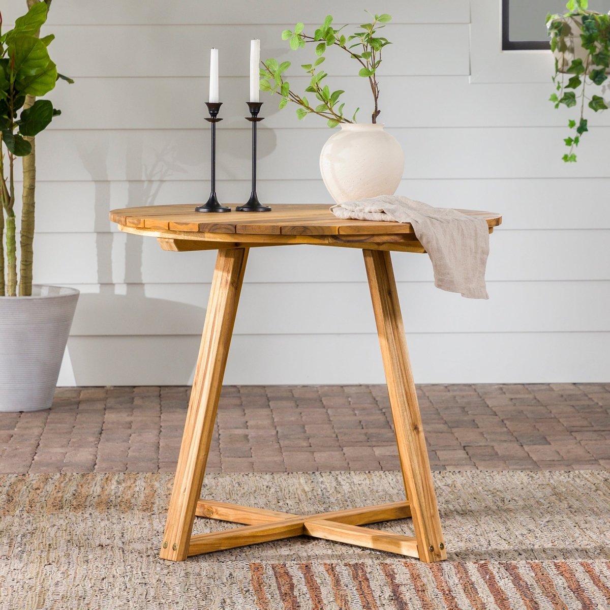 Walker Edison Prenton Modern Slat - Top Patio Round Dining Table