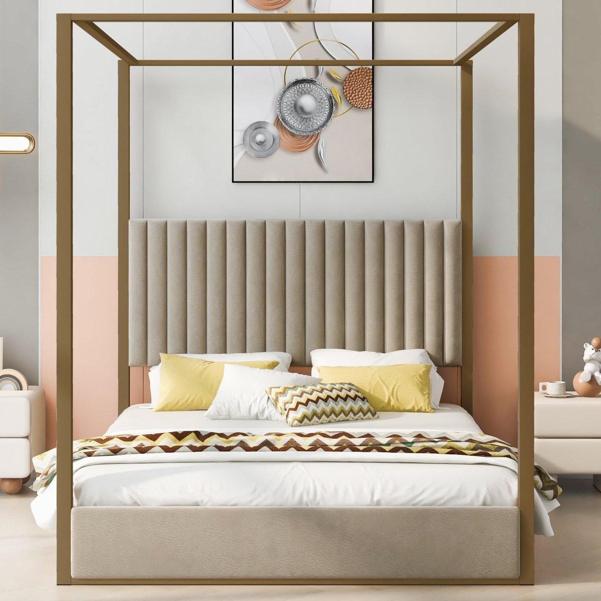 Walker Edison Queen Size Upholstery Canopy Platform Bed
