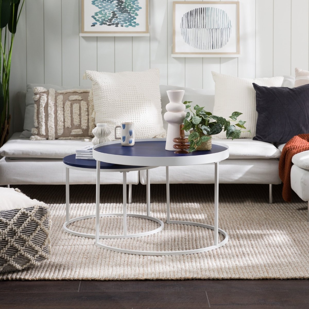 Walker Edison Round Nesting Coffee Tables Set of 2 - MDF Wood & Metal Base